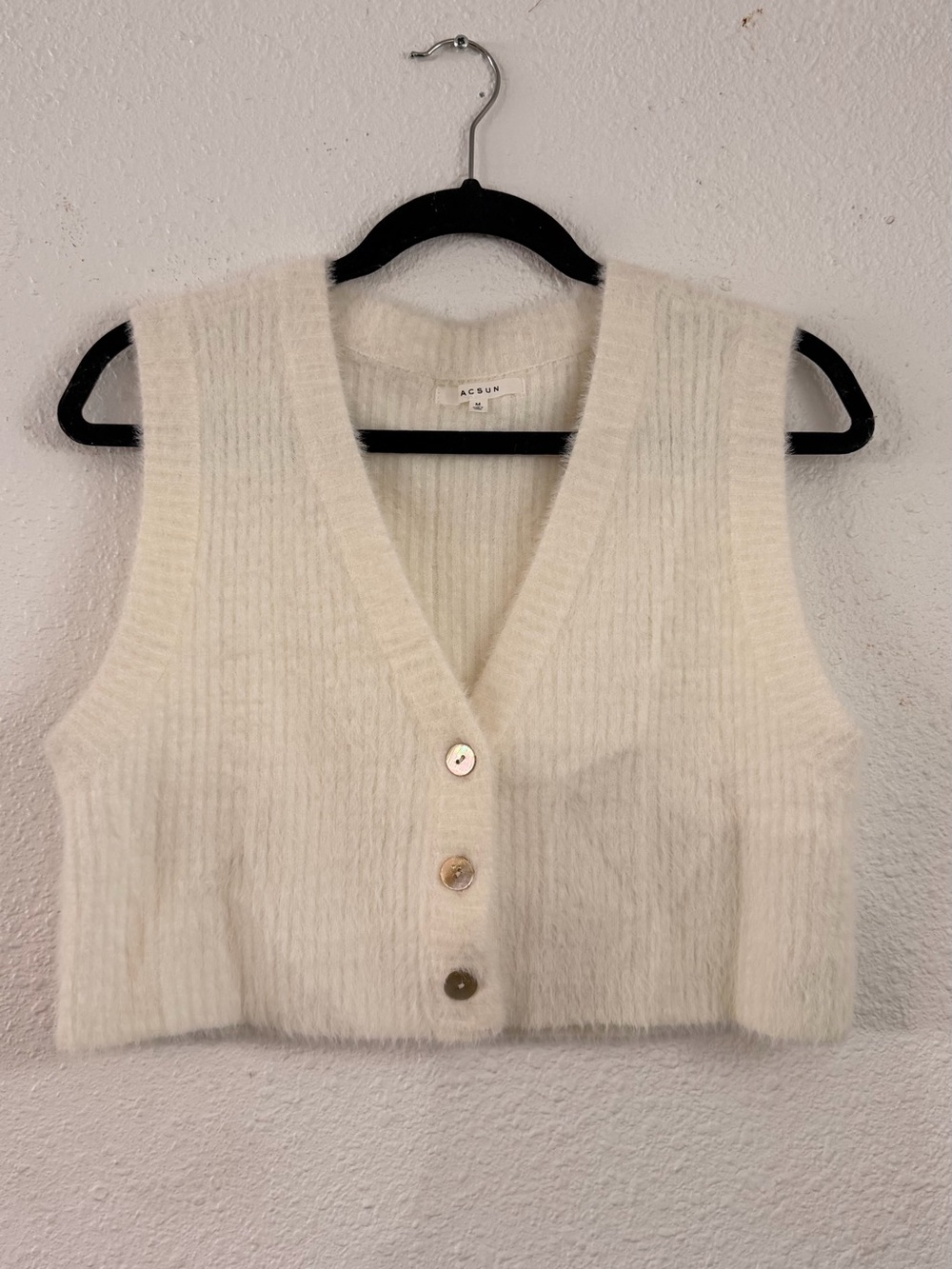 Cream Fuzzy Button Front Cropped Vest